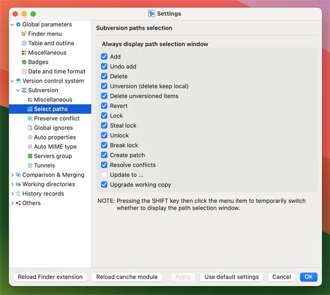 macSvn contextual menu - contextual menu settings