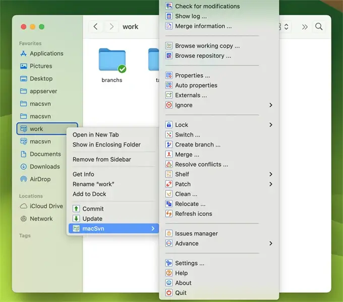 Launch macSvn - macSvn contextual menu for Favorites folder in Finder sidebar