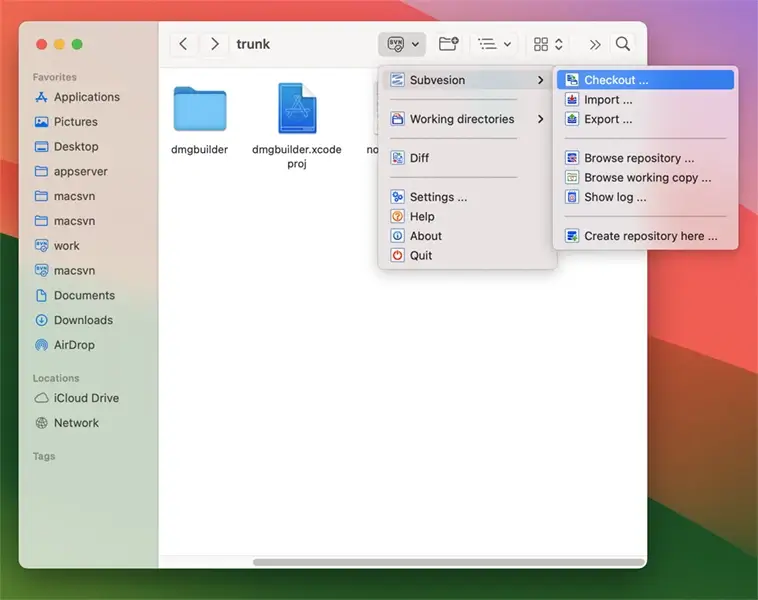Launch macSvn - macSvn toolbar menu for non-working-copy
