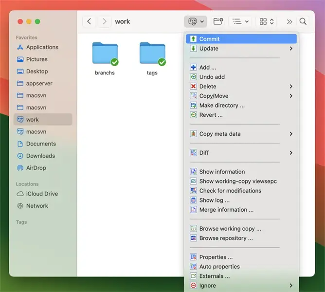 Launch macSvn - macSvn toolbar menu for working-copy