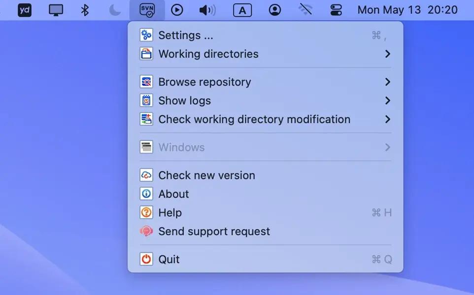 Launch macSvn - Status bar menu
